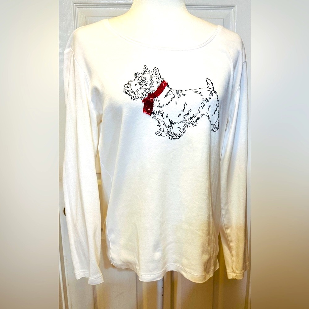 Kendra Scott Top White Scottie Dog Print Red Sequined Collar Long Sleeve large